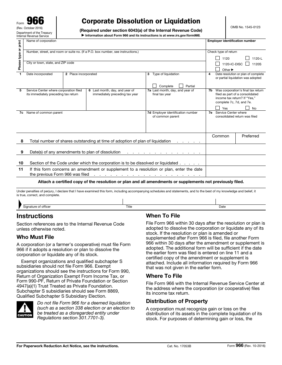 IRS Form 966 Corporate Dissolution or Liquidation, Page 1
