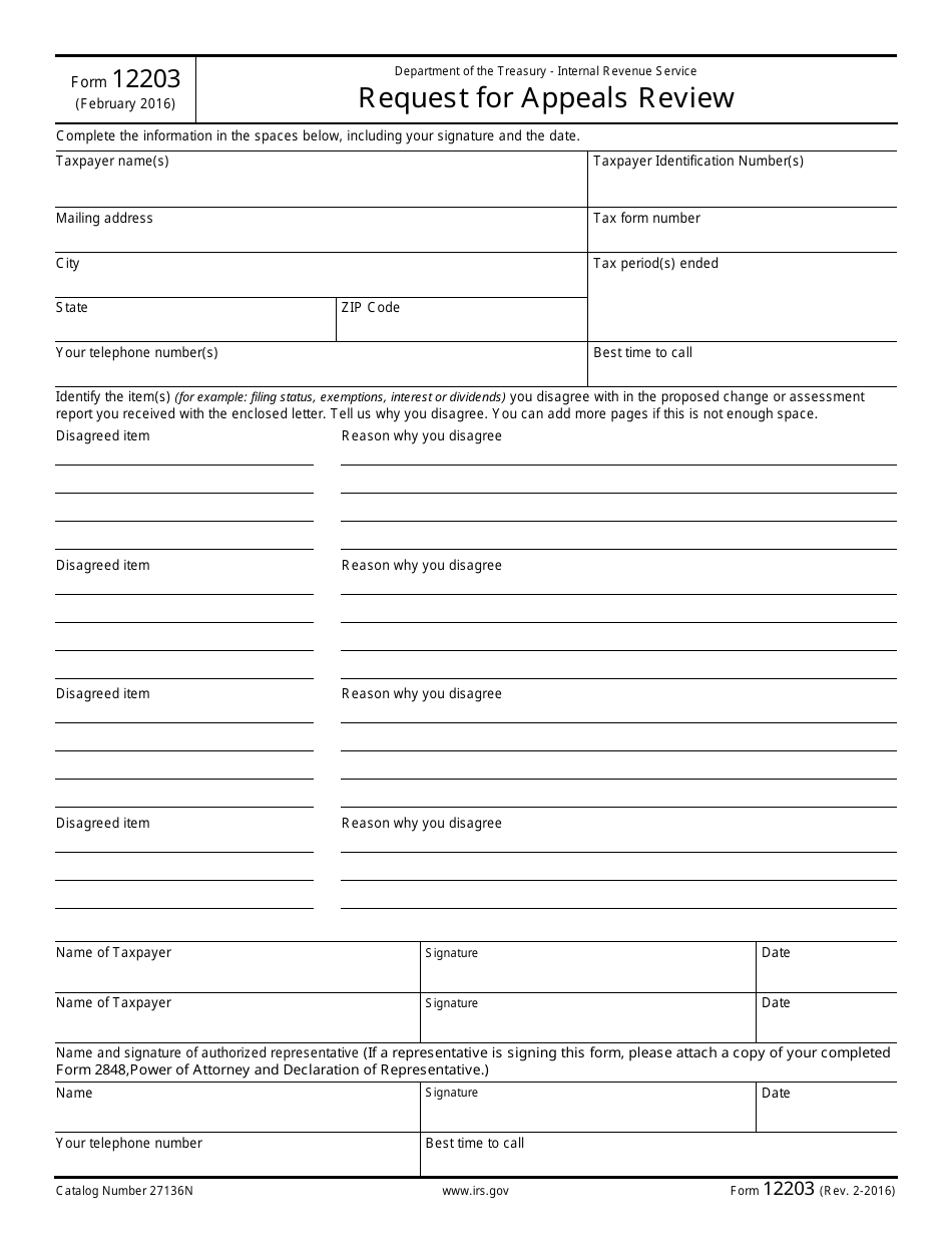 IRS Form 12203 Request for Appeals Review, Page 1