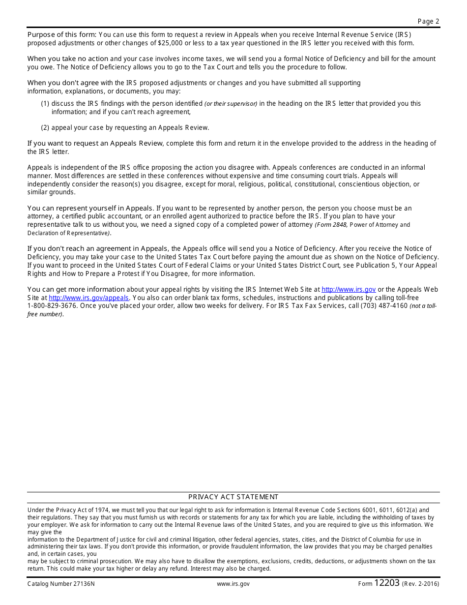 IRS Form 12203 Request for Appeals Review, Page 2