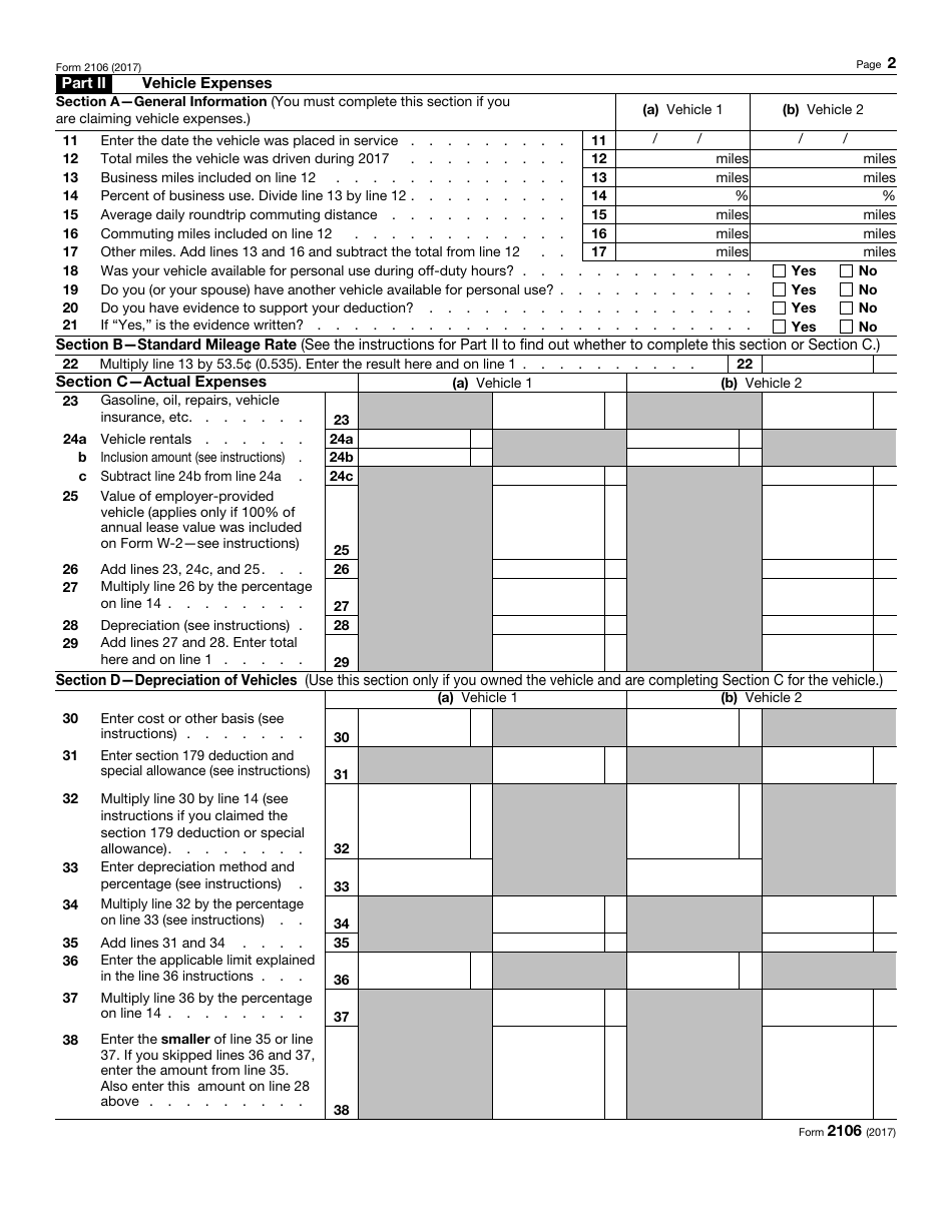 IRS Form 2106 Employee Business Expenses, Page 2