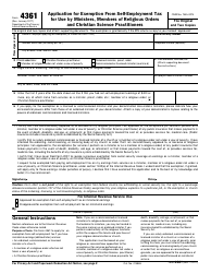 Document preview: IRS Form 4361 Application for Exemption From Self-employment Tax for Use by Ministers, Members of Religious Orders and Christian Science Practitioners