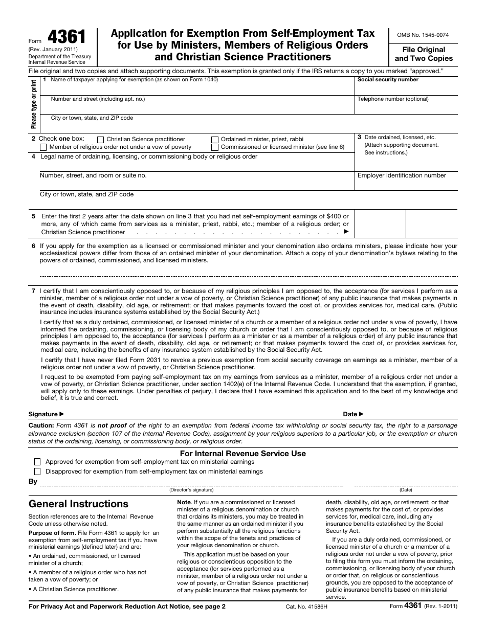 IRS Form 4361 Application for Exemption From Self-employment Tax for Use by Ministers, Members of Religious Orders and Christian Science Practitioners, Page 1