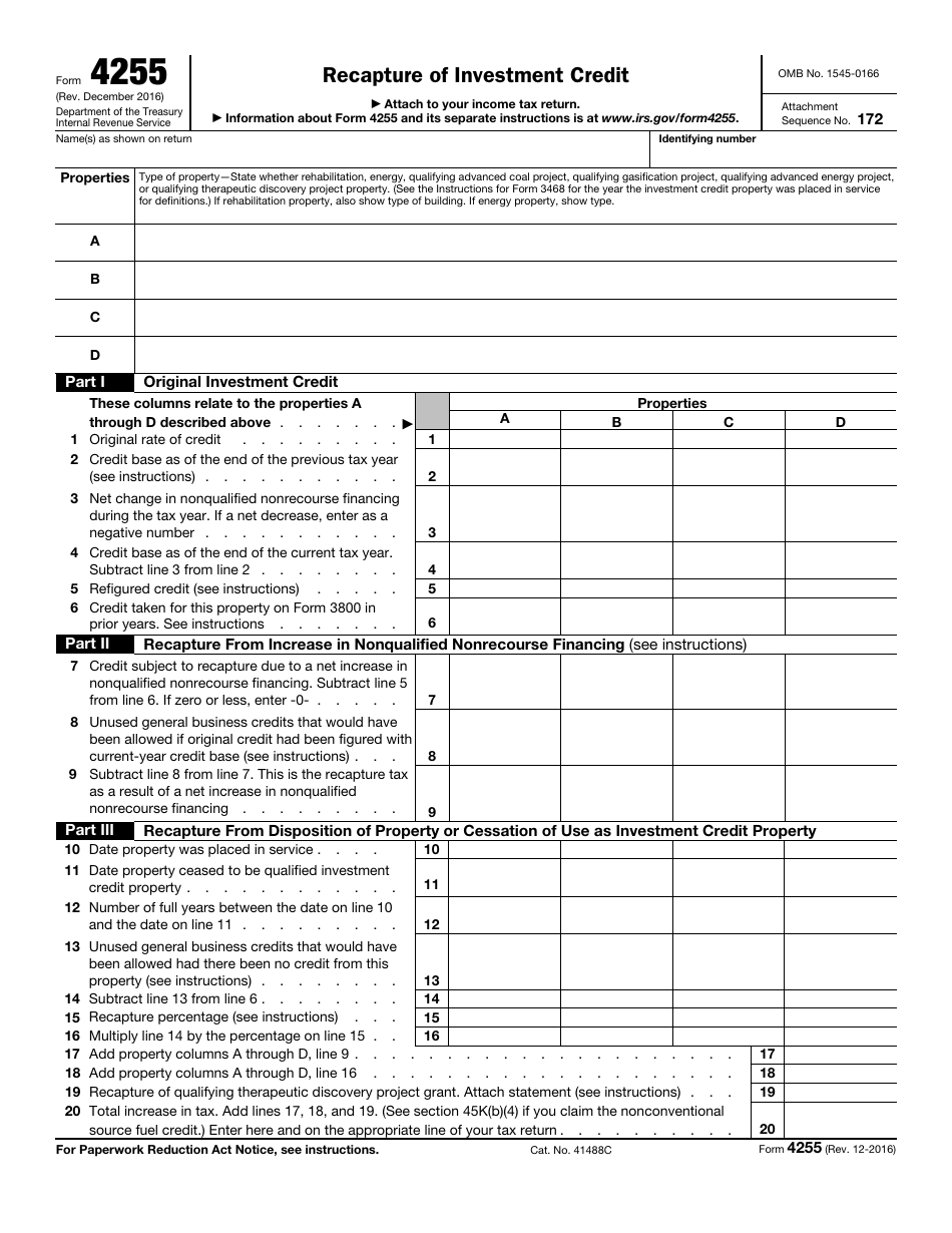 IRS Form 4255 Recapture of Investment Credit, Page 1