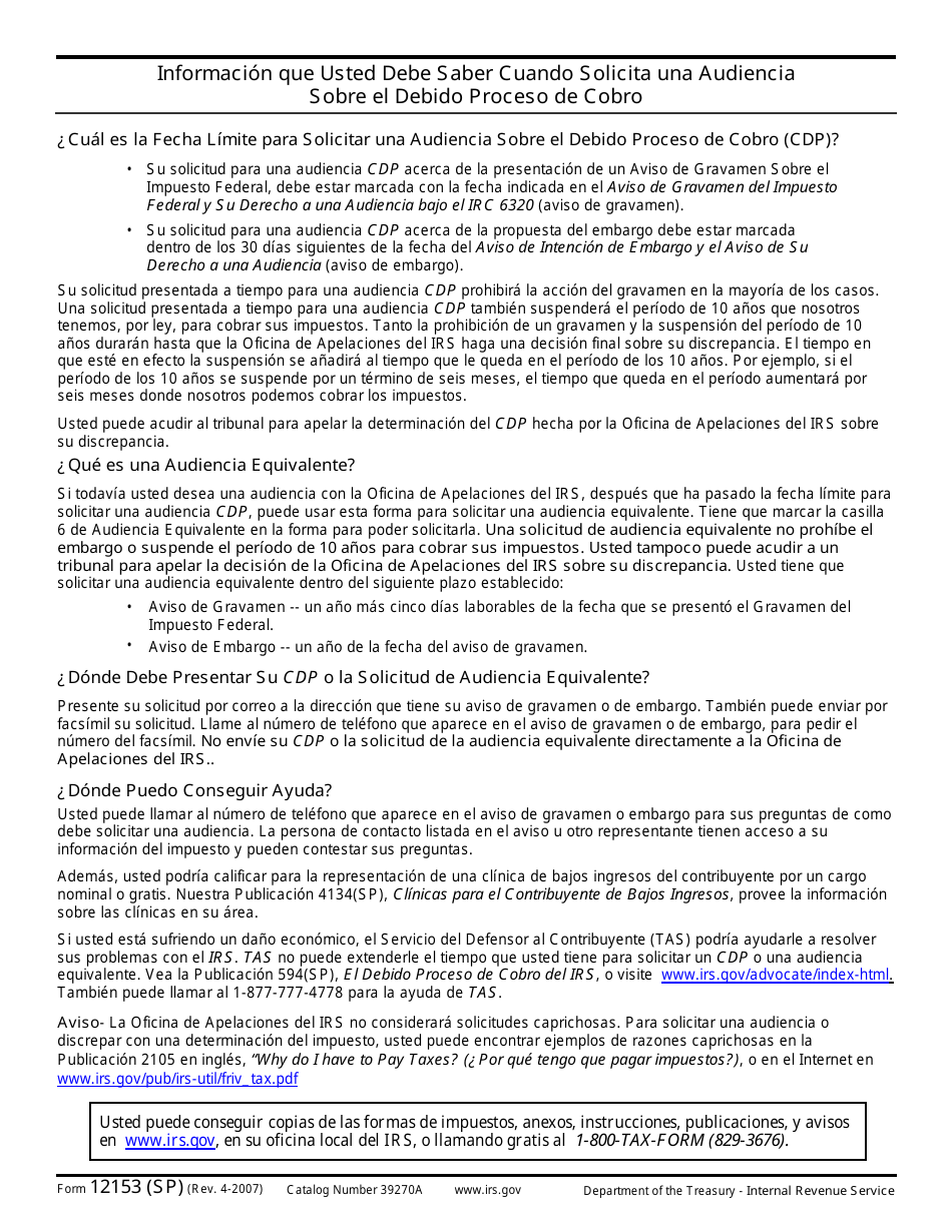 IRS Formulario 12153 (SP) Solicitud Para Una Audiencia Sobre El Debido Proceso De Cobro O Una Audiencia Equivalente (Spanish), Page 3
