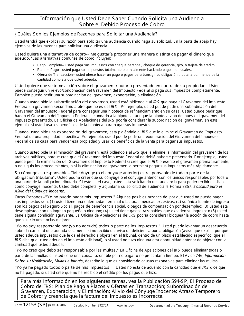 IRS Formulario 12153 (SP) Solicitud Para Una Audiencia Sobre El Debido Proceso De Cobro O Una Audiencia Equivalente (Spanish), Page 4