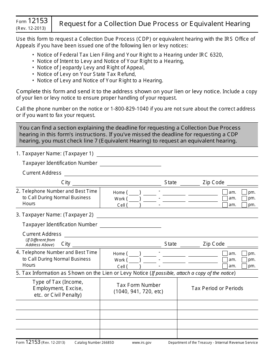 IRS Form 12153 Request for a Collection Due Process or Equivalent Hearing, Page 1