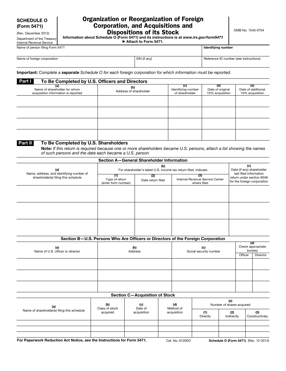 IRS Form 5471 Schedule O Organization or Reorganization of Foreign Corporation, and Acquisitions and Dispositions of Its Stock, Page 1