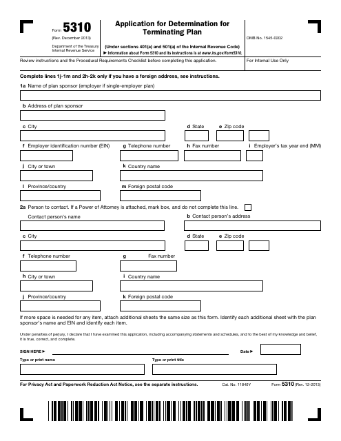 IRS Form 5310 Application for Determination for Terminating Plan