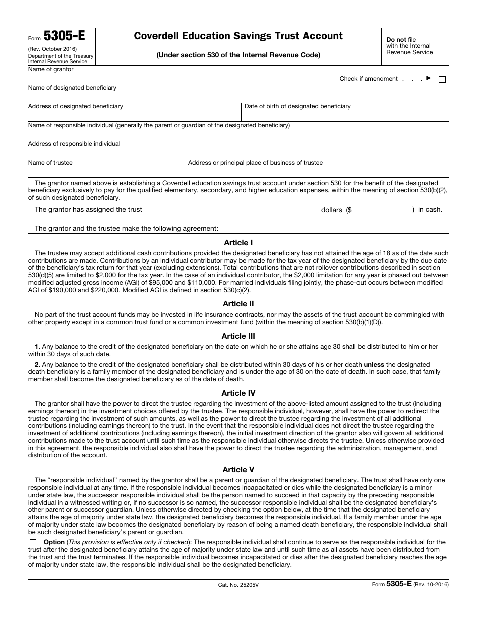 IRS Form 5305-E Coverdell Education Savings Trust Account (Under Section 530 of the Internal Revenue Code), Page 1