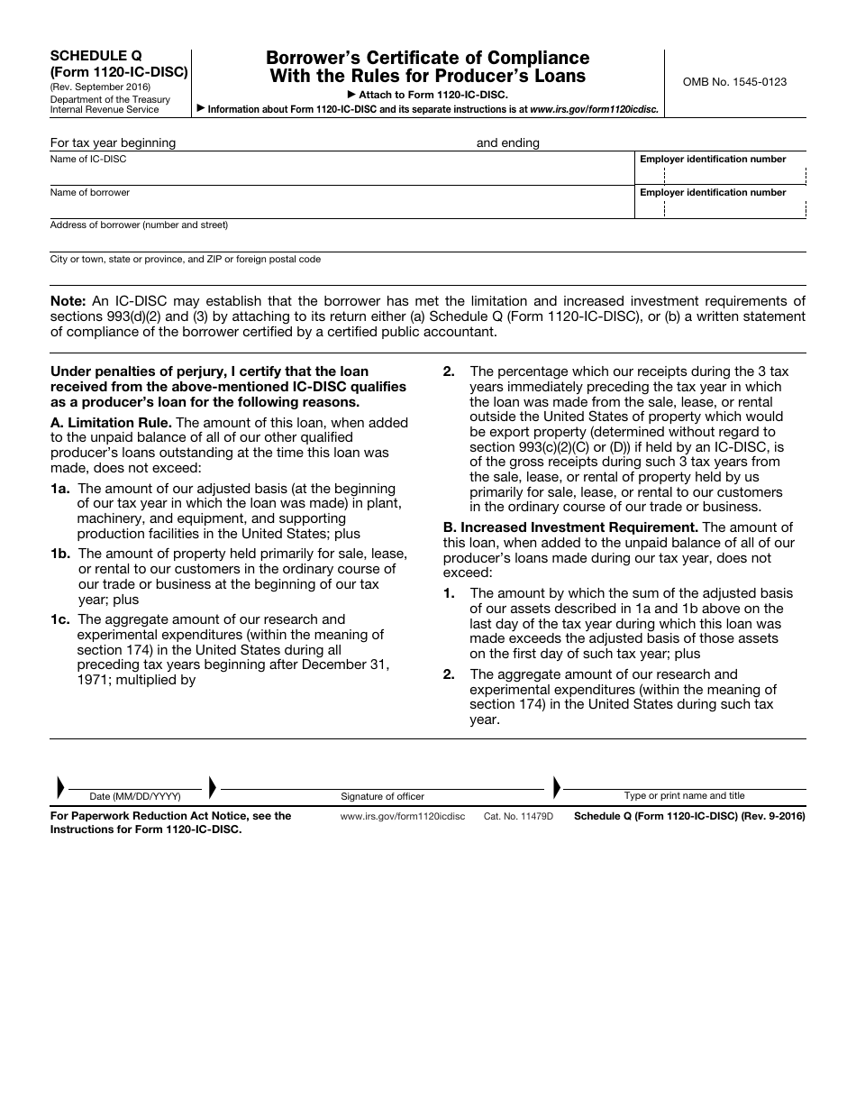 IRS Form 1120-IC-DISC Schedule Q Borrowers Certificate of Compliance With the Rules for Producers Loan, Page 1