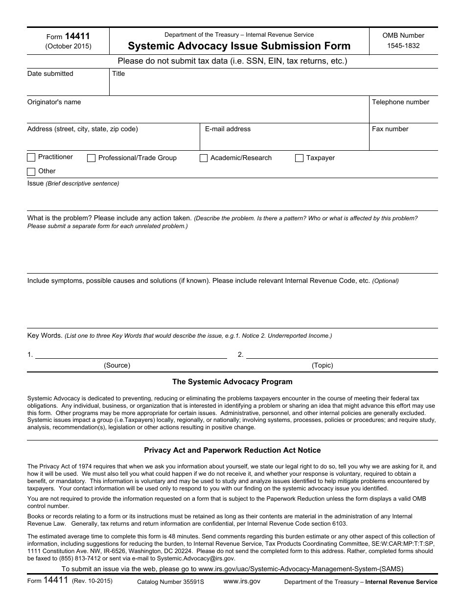 IRS Form 14411 Systemic Advocacy Issue Submission, Page 1