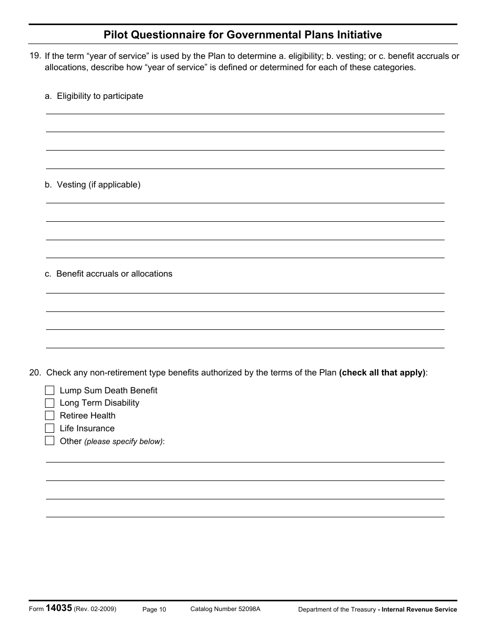 IRS Form 14035 Pilot Questionnaire for Governmental Plans Initiative, Page 10
