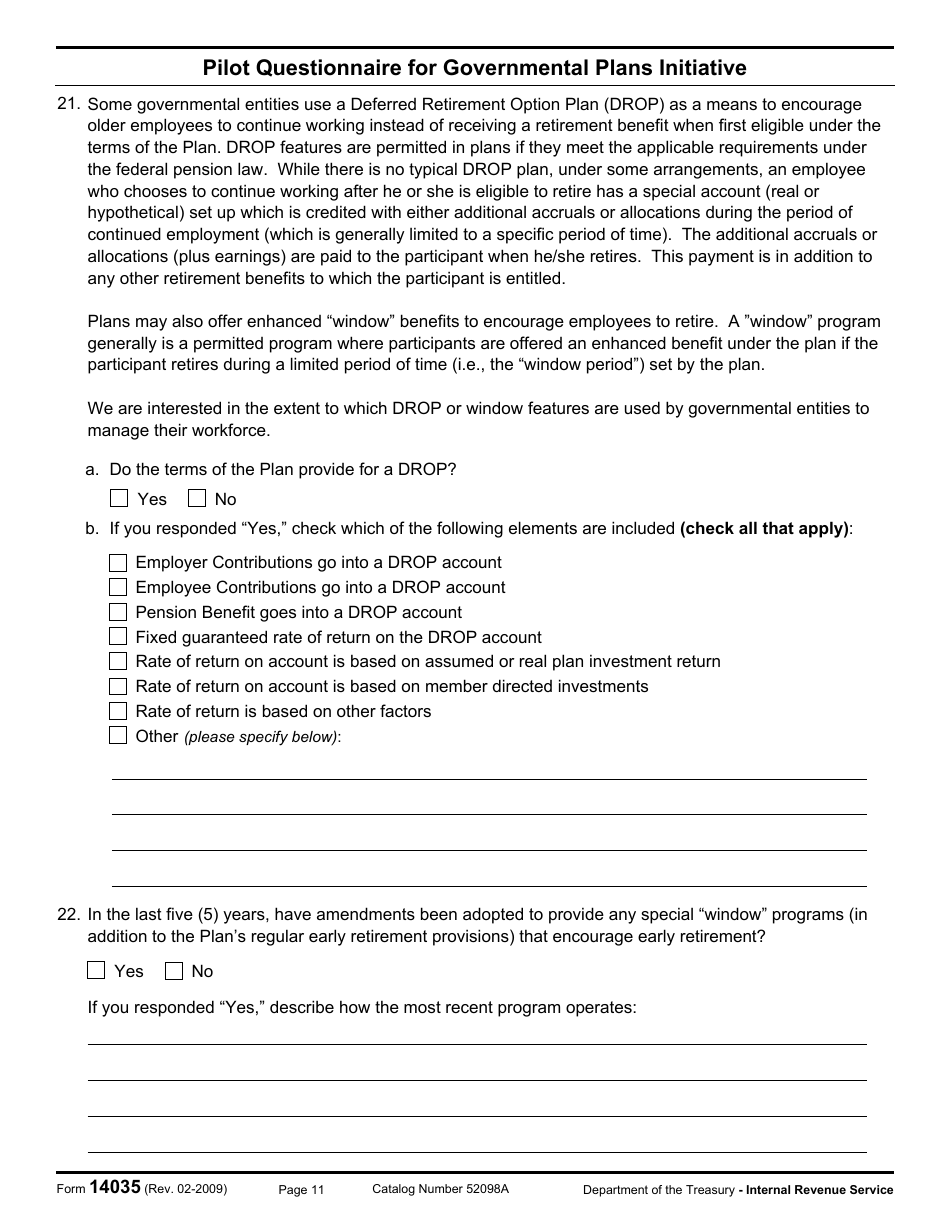 IRS Form 14035 Pilot Questionnaire for Governmental Plans Initiative, Page 11