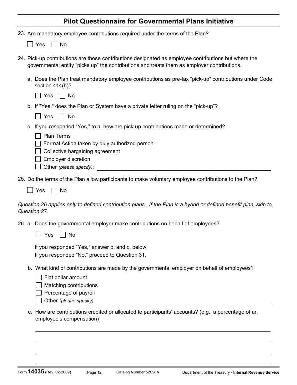 IRS Form 14035 Pilot Questionnaire for Governmental Plans Initiative, Page 12
