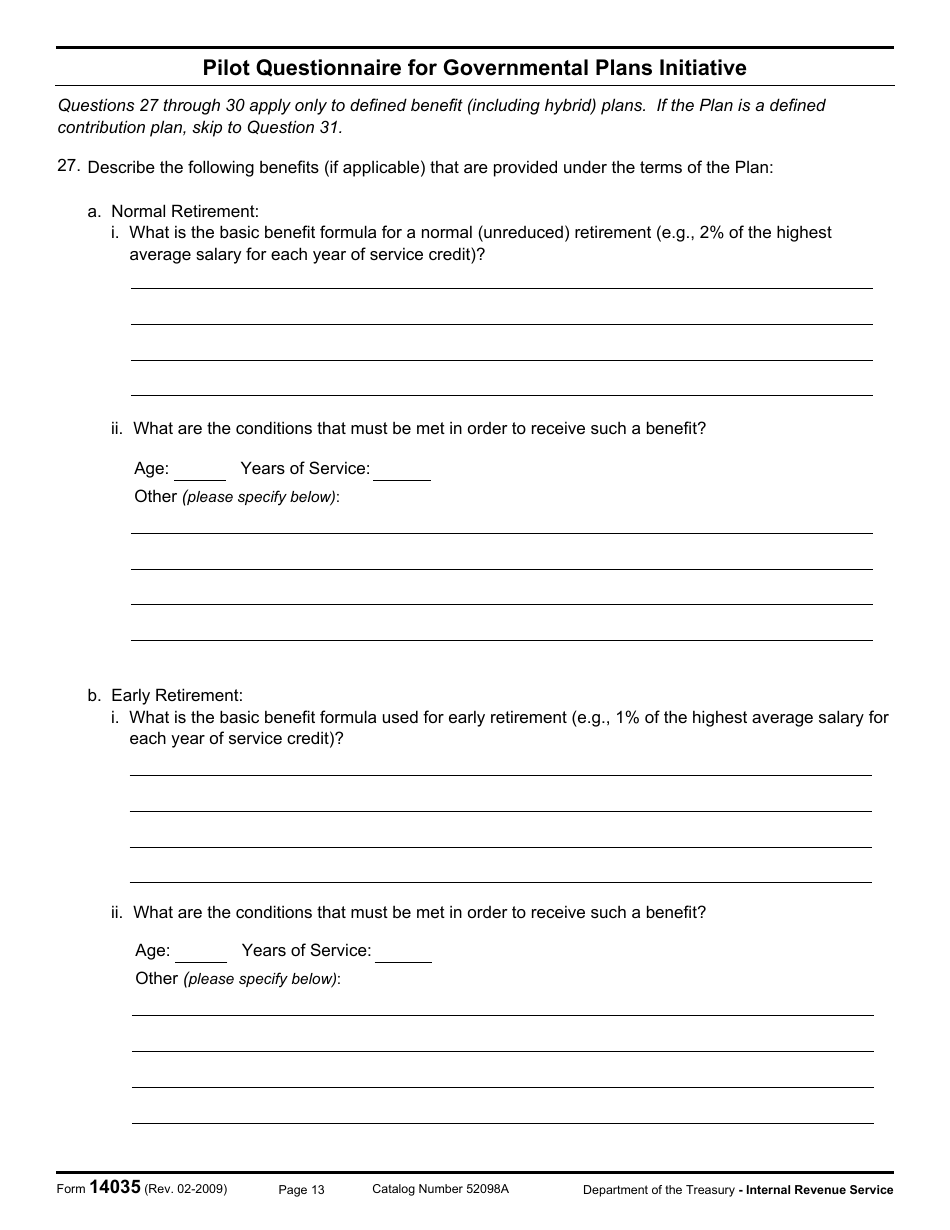 IRS Form 14035 Pilot Questionnaire for Governmental Plans Initiative, Page 13