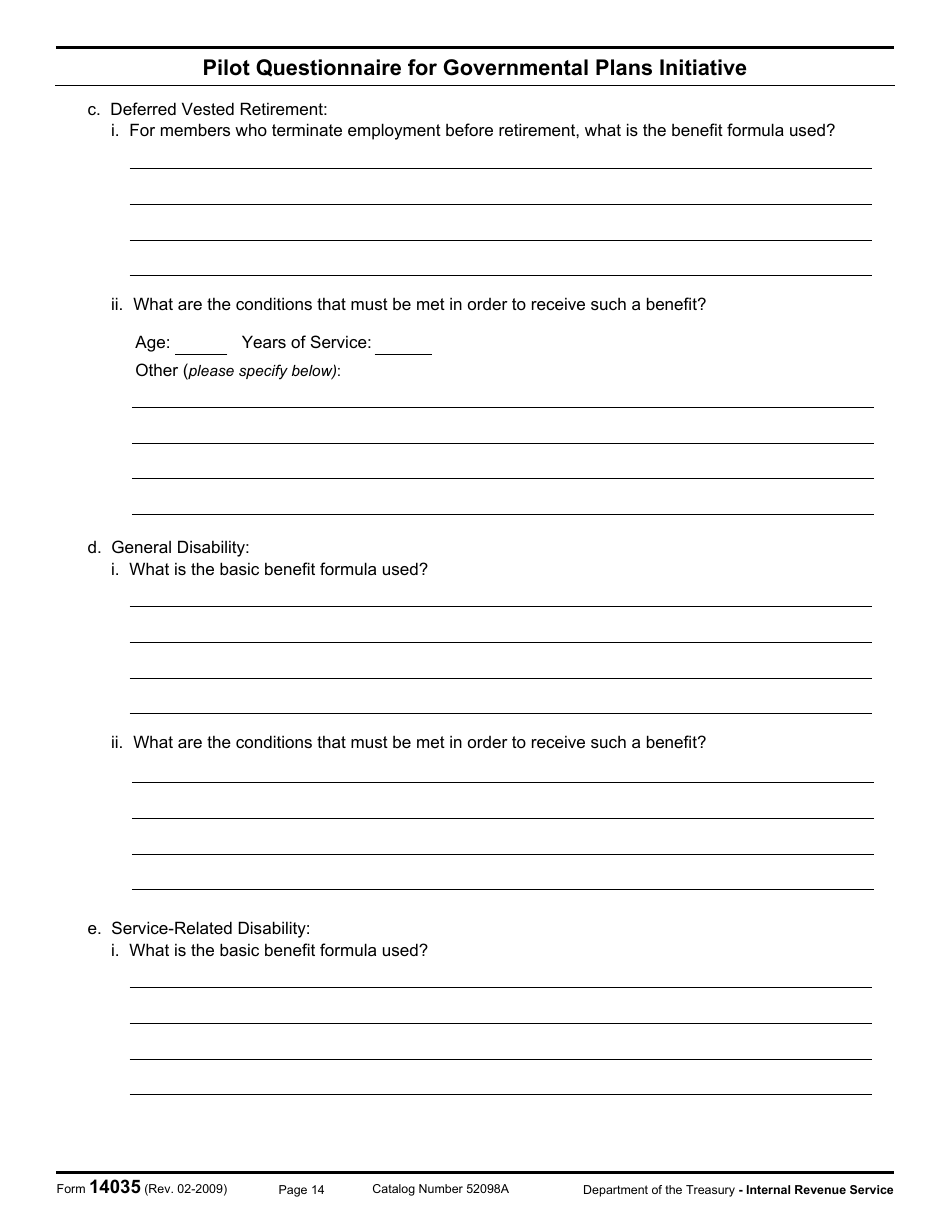 IRS Form 14035 Pilot Questionnaire for Governmental Plans Initiative, Page 14