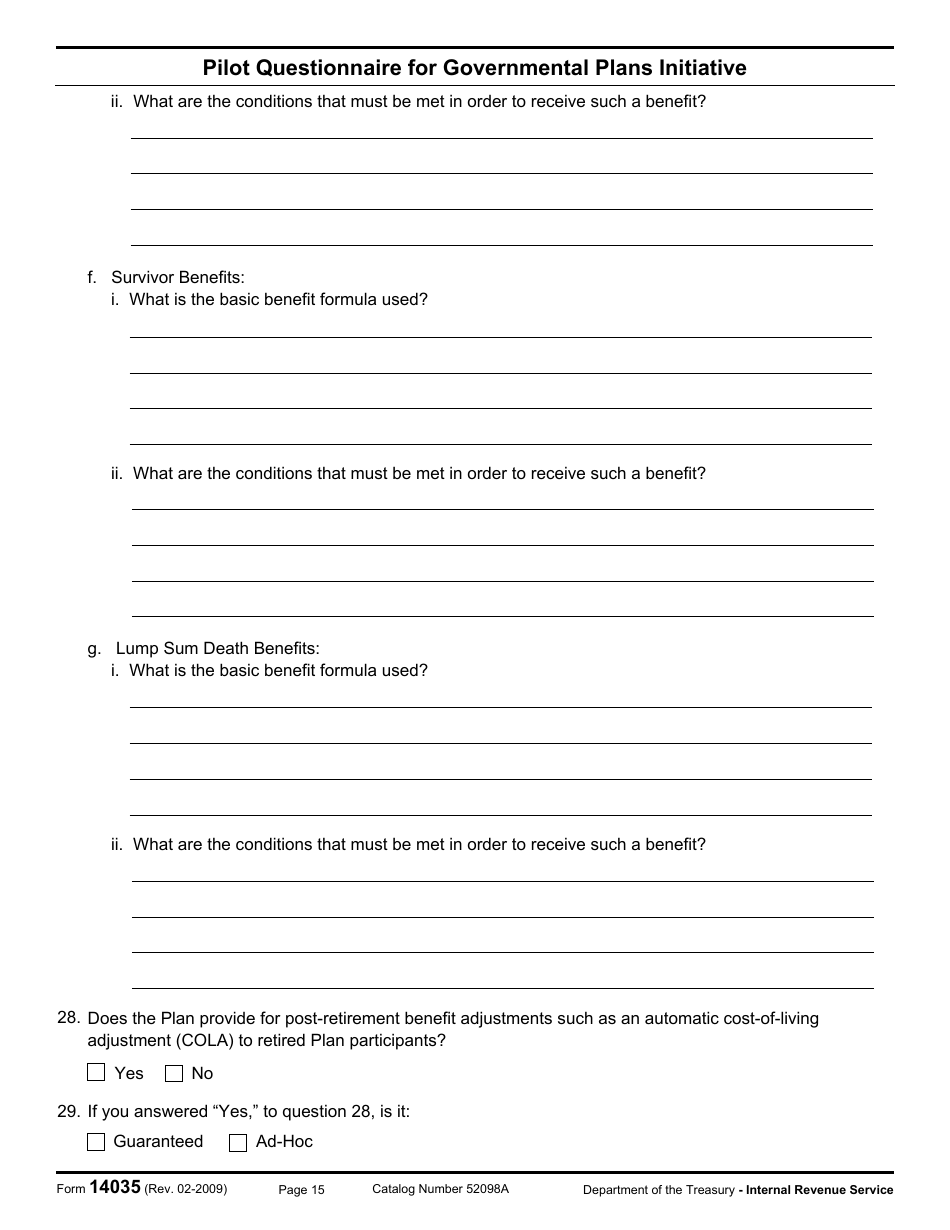 IRS Form 14035 Pilot Questionnaire for Governmental Plans Initiative, Page 15