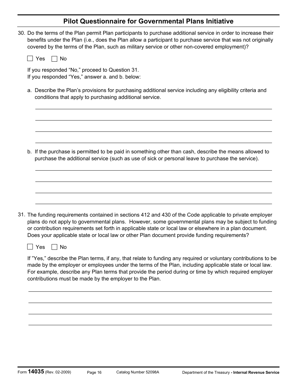 IRS Form 14035 Pilot Questionnaire for Governmental Plans Initiative, Page 16