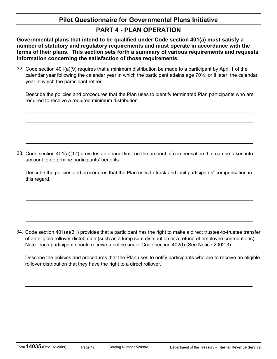 IRS Form 14035 Pilot Questionnaire for Governmental Plans Initiative, Page 17