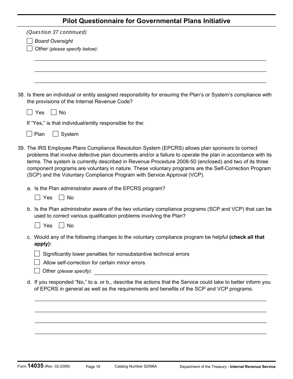 IRS Form 14035 Pilot Questionnaire for Governmental Plans Initiative, Page 19