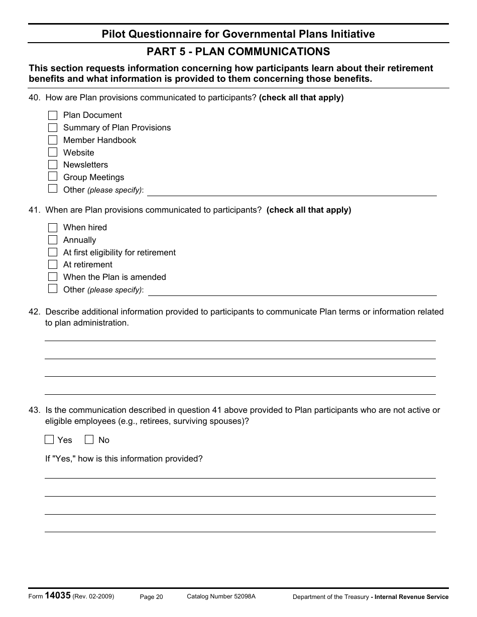 IRS Form 14035 Pilot Questionnaire for Governmental Plans Initiative, Page 20