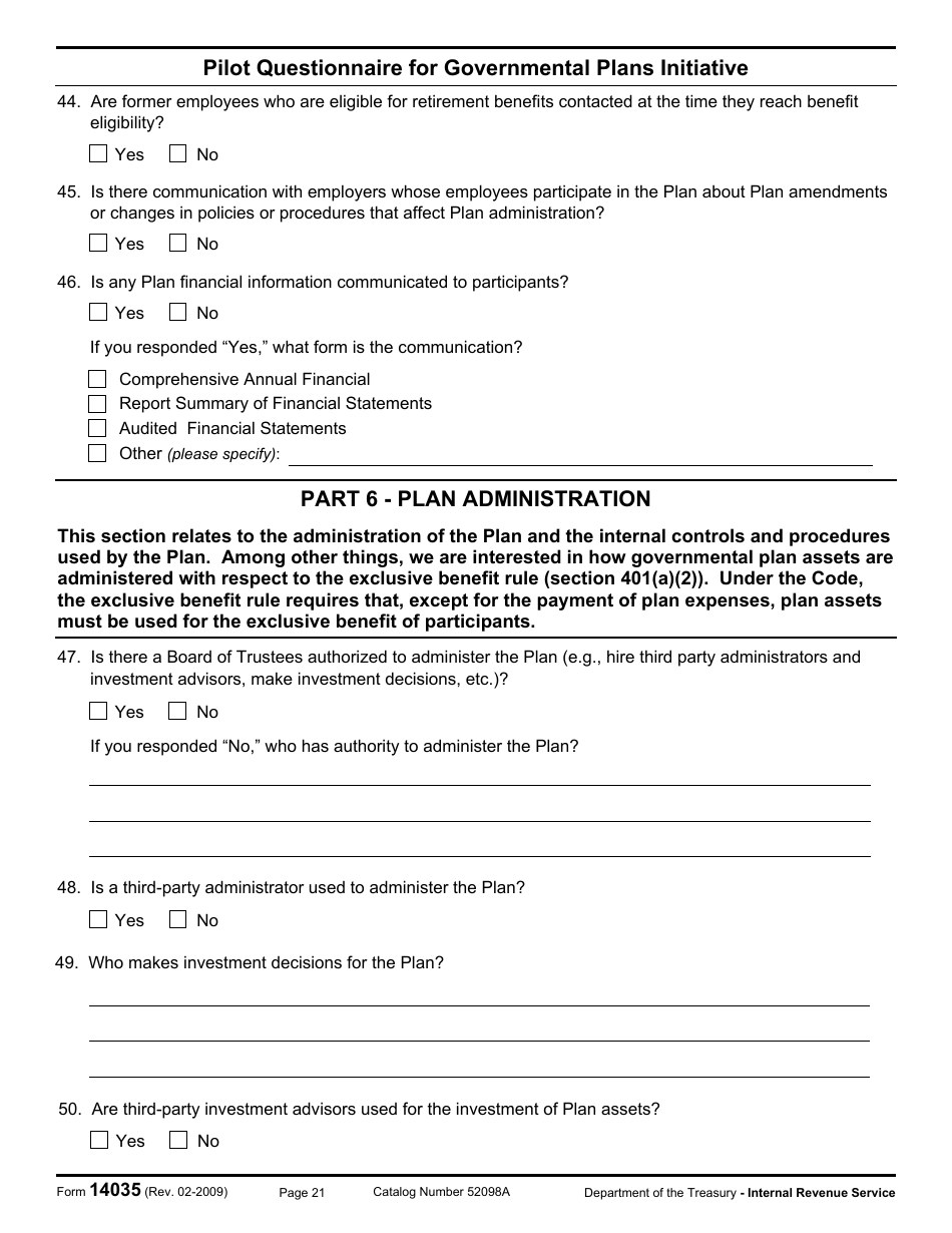 IRS Form 14035 Pilot Questionnaire for Governmental Plans Initiative, Page 21
