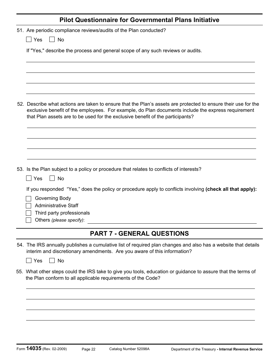 IRS Form 14035 Pilot Questionnaire for Governmental Plans Initiative, Page 22