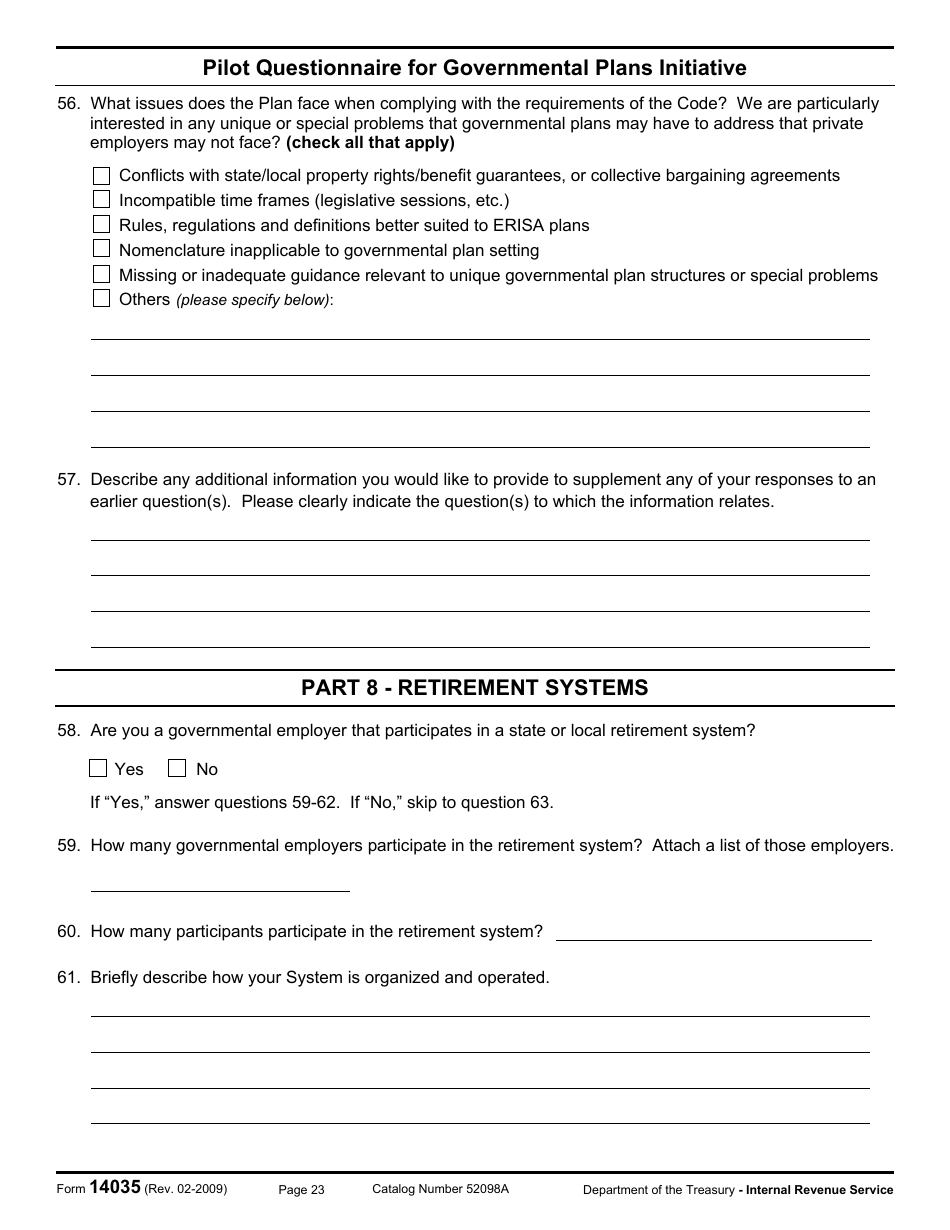 IRS Form 14035 Pilot Questionnaire for Governmental Plans Initiative, Page 23