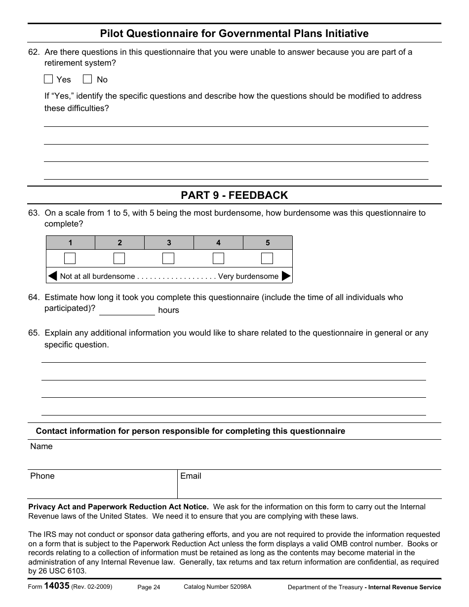IRS Form 14035 Pilot Questionnaire for Governmental Plans Initiative, Page 24