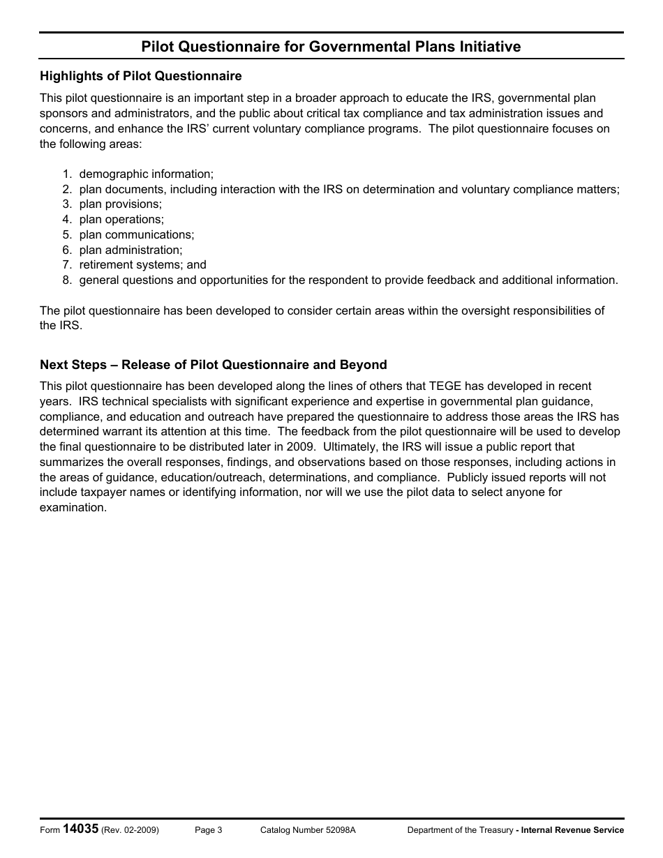 IRS Form 14035 Pilot Questionnaire for Governmental Plans Initiative, Page 3