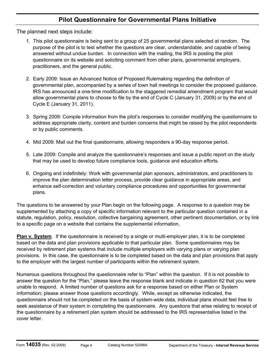 IRS Form 14035 Pilot Questionnaire for Governmental Plans Initiative, Page 4