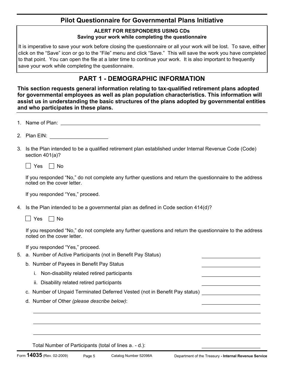 IRS Form 14035 Pilot Questionnaire for Governmental Plans Initiative, Page 5