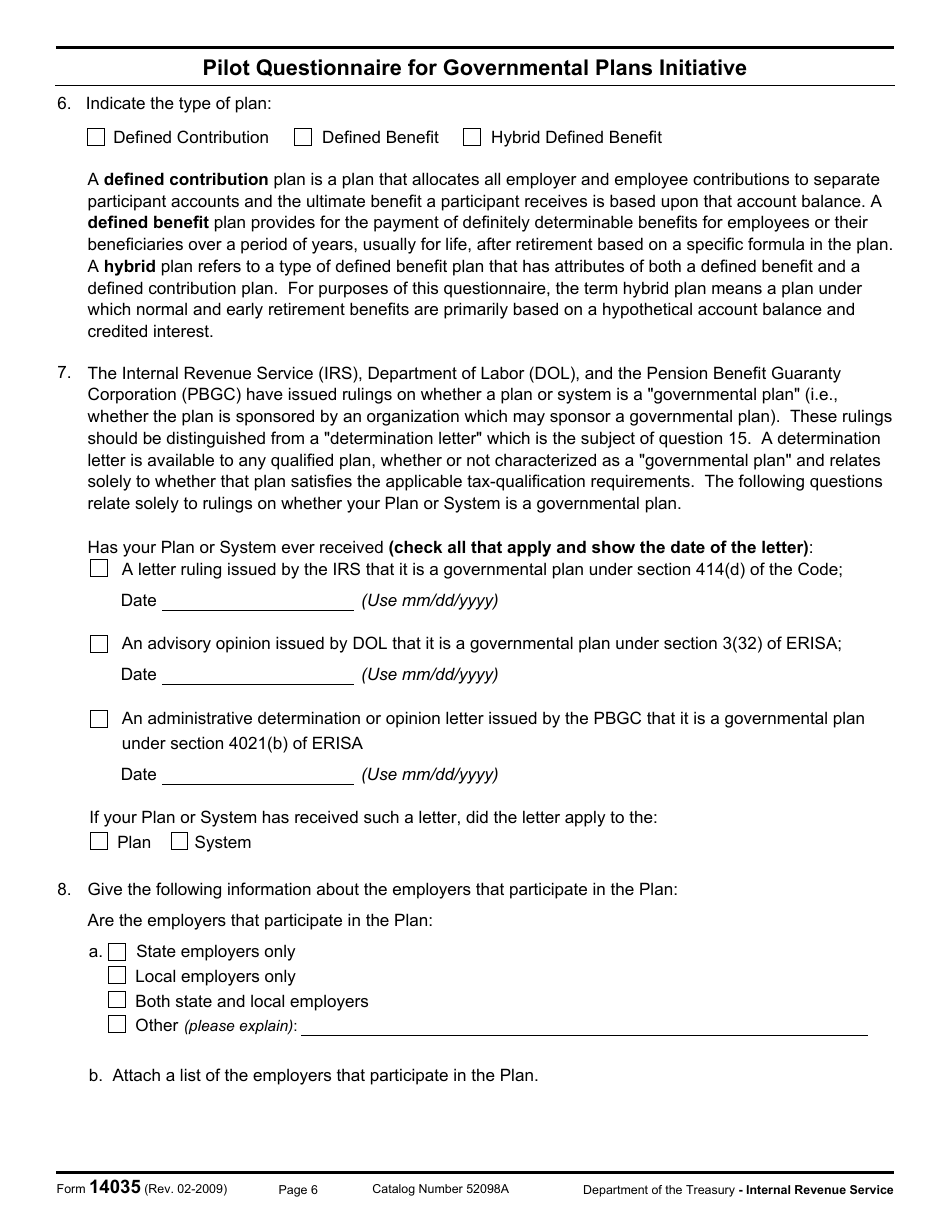 IRS Form 14035 Pilot Questionnaire for Governmental Plans Initiative, Page 6