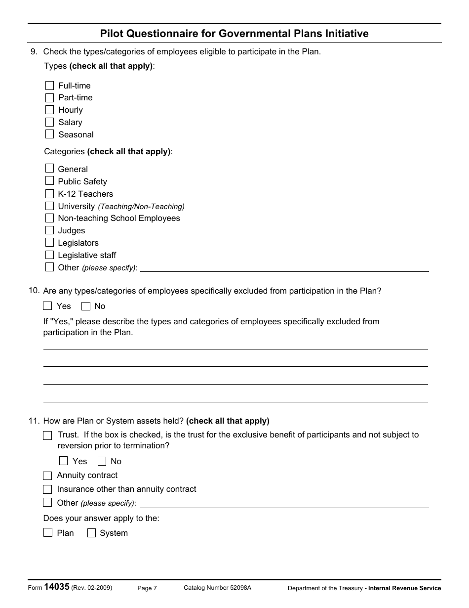 IRS Form 14035 Pilot Questionnaire for Governmental Plans Initiative, Page 7
