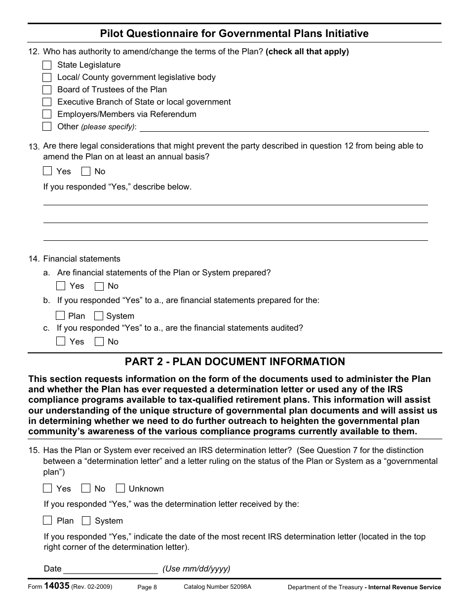 IRS Form 14035 Pilot Questionnaire for Governmental Plans Initiative, Page 8