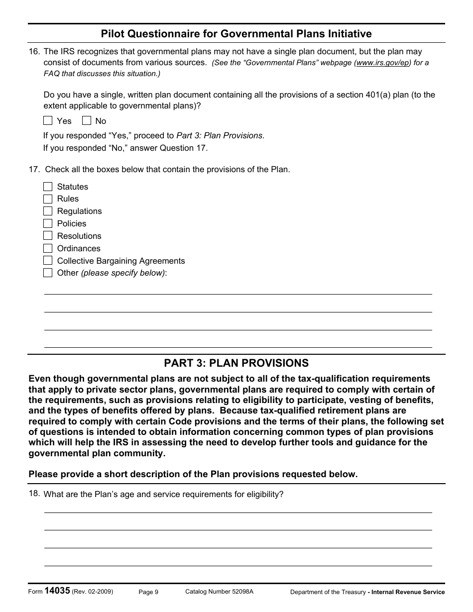 IRS Form 14035 Pilot Questionnaire for Governmental Plans Initiative, Page 9