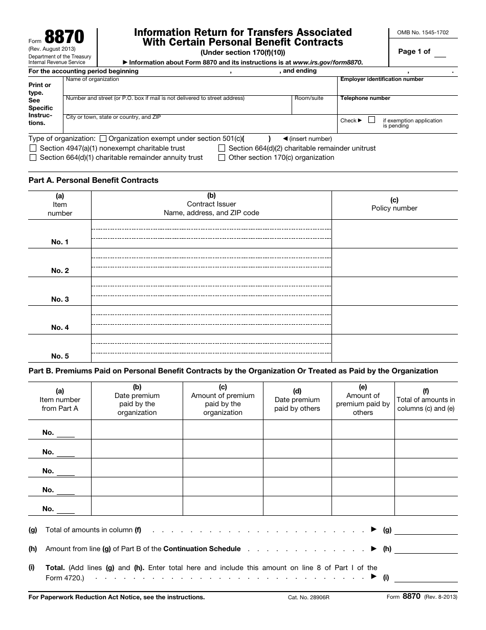 IRS Form 8870 Information Return for Transfers Associated With Certain Personal Benefit Contracts, Page 1