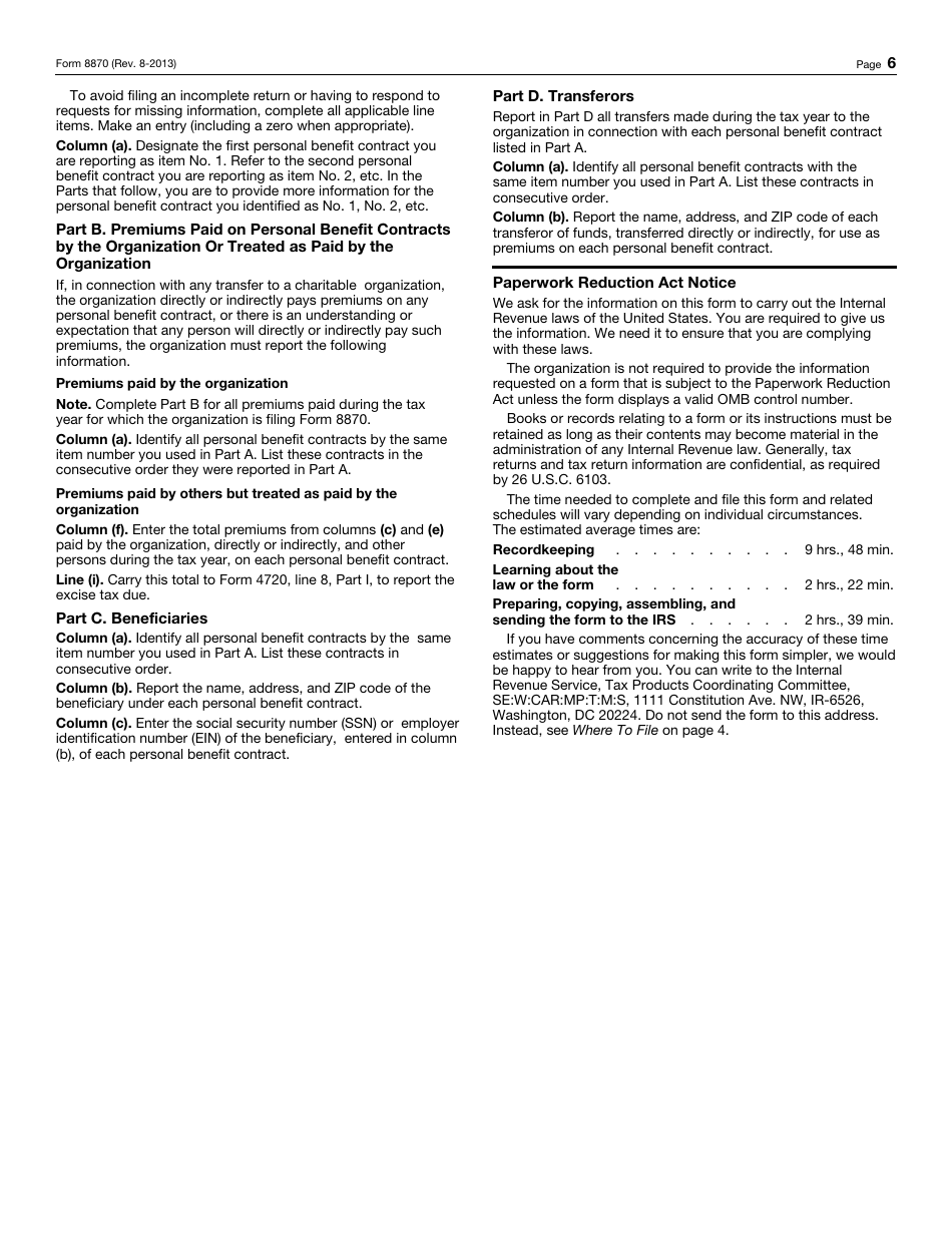 IRS Form 8870 Information Return for Transfers Associated With Certain Personal Benefit Contracts, Page 6