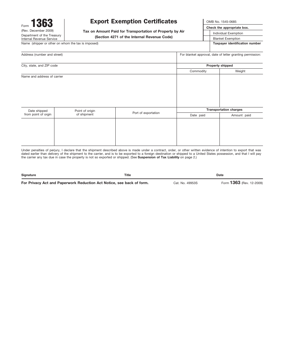 IRS Form 1363 Export Exemption Certificate, Page 1