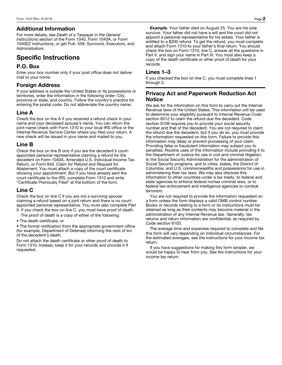 IRS Form 1310 Statement of Person Claiming Refund Due a Deceased Taxpayer, Page 2
