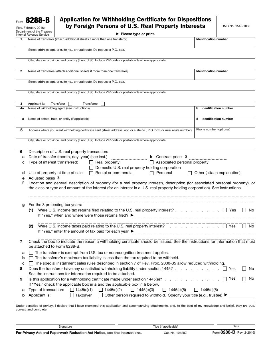 IRS Form 8288-B Application for Withholding Certificate for Dispositions by Foreign Persons of U.S. Real Property Interests, Page 1