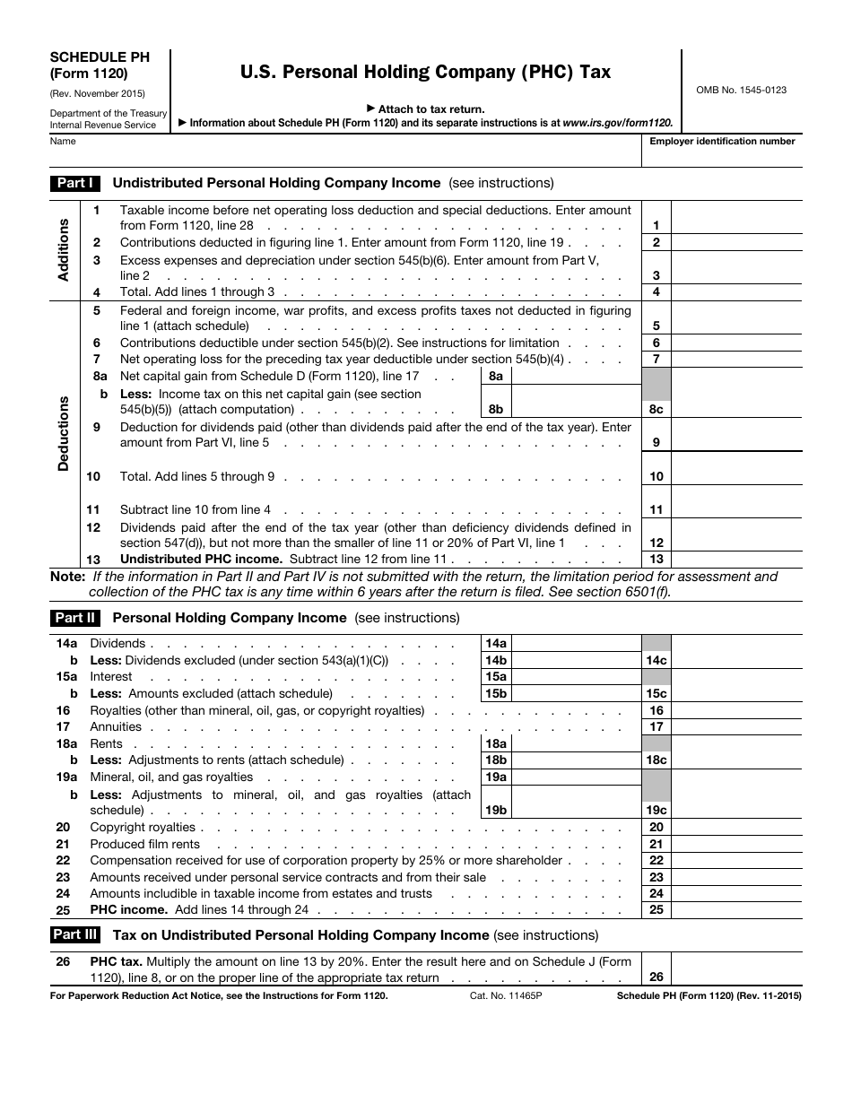 IRS Form 1120 Schedule PH U.S. Personal Holding Company (Phc) Tax, Page 1