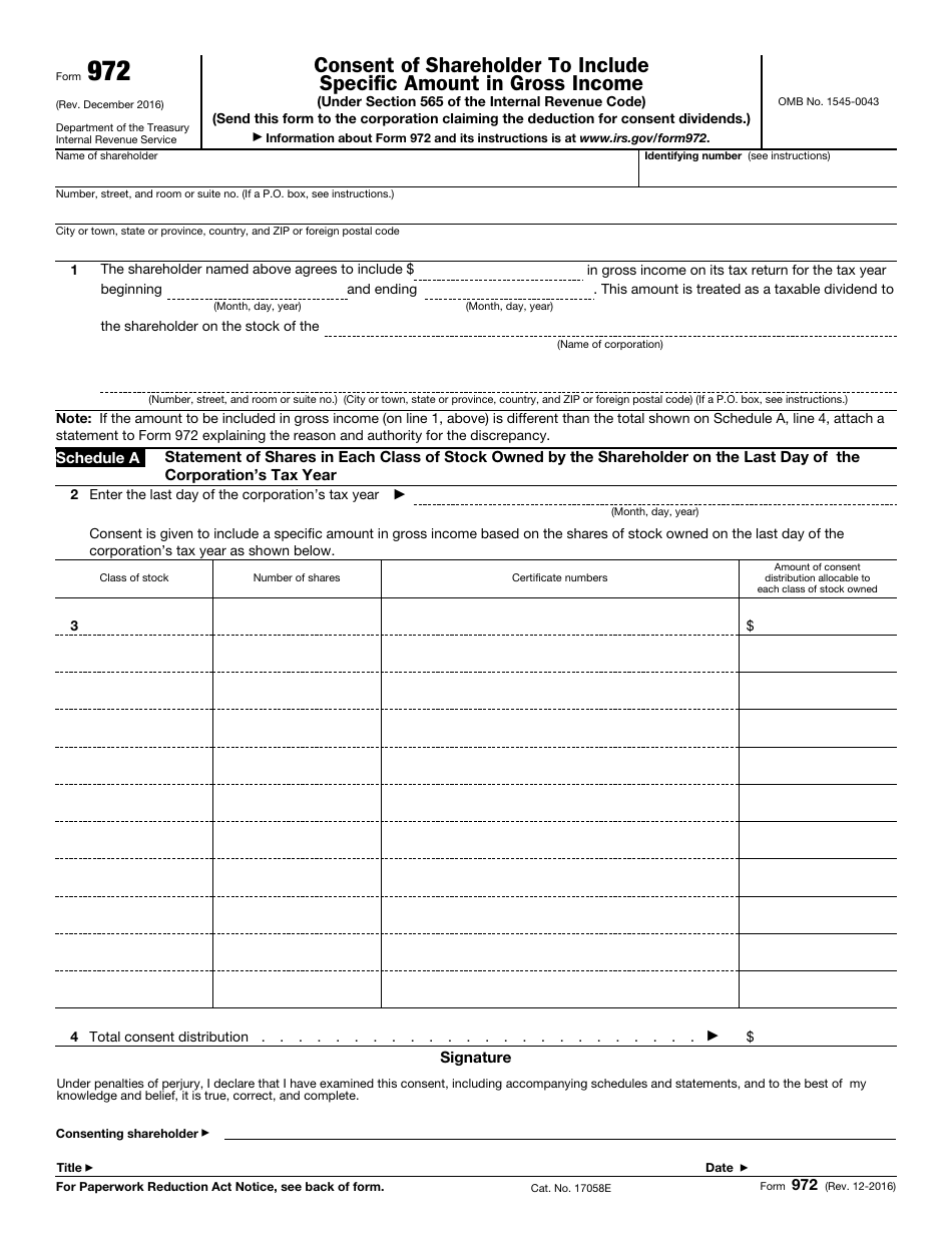 IRS Form 972 Consent of Shareholder to Include Specific Amount in Gross Income, Page 1