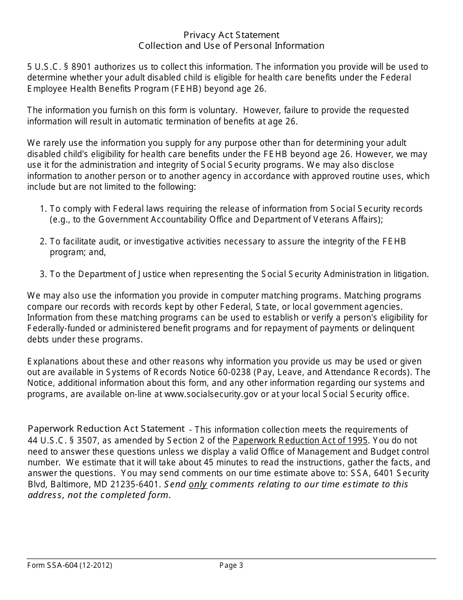 Form SSA-604 Certificate of Incapacity, Page 3