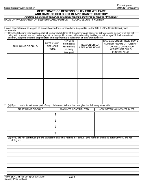 Form SSA-781  Printable Pdf