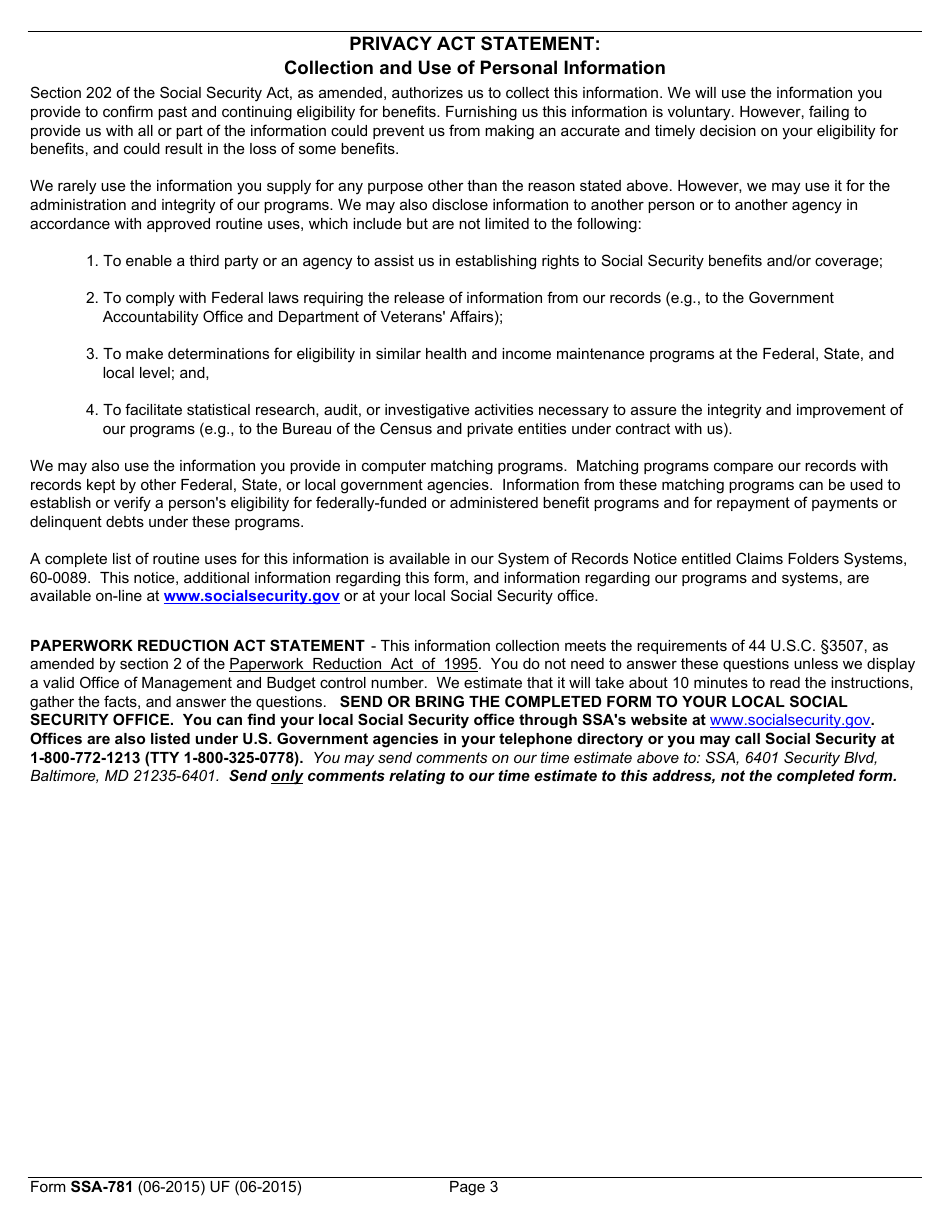 Form SSA-781 Certificate of Responsibility for Welfare and Care of Child Not in Applicants Custody, Page 3