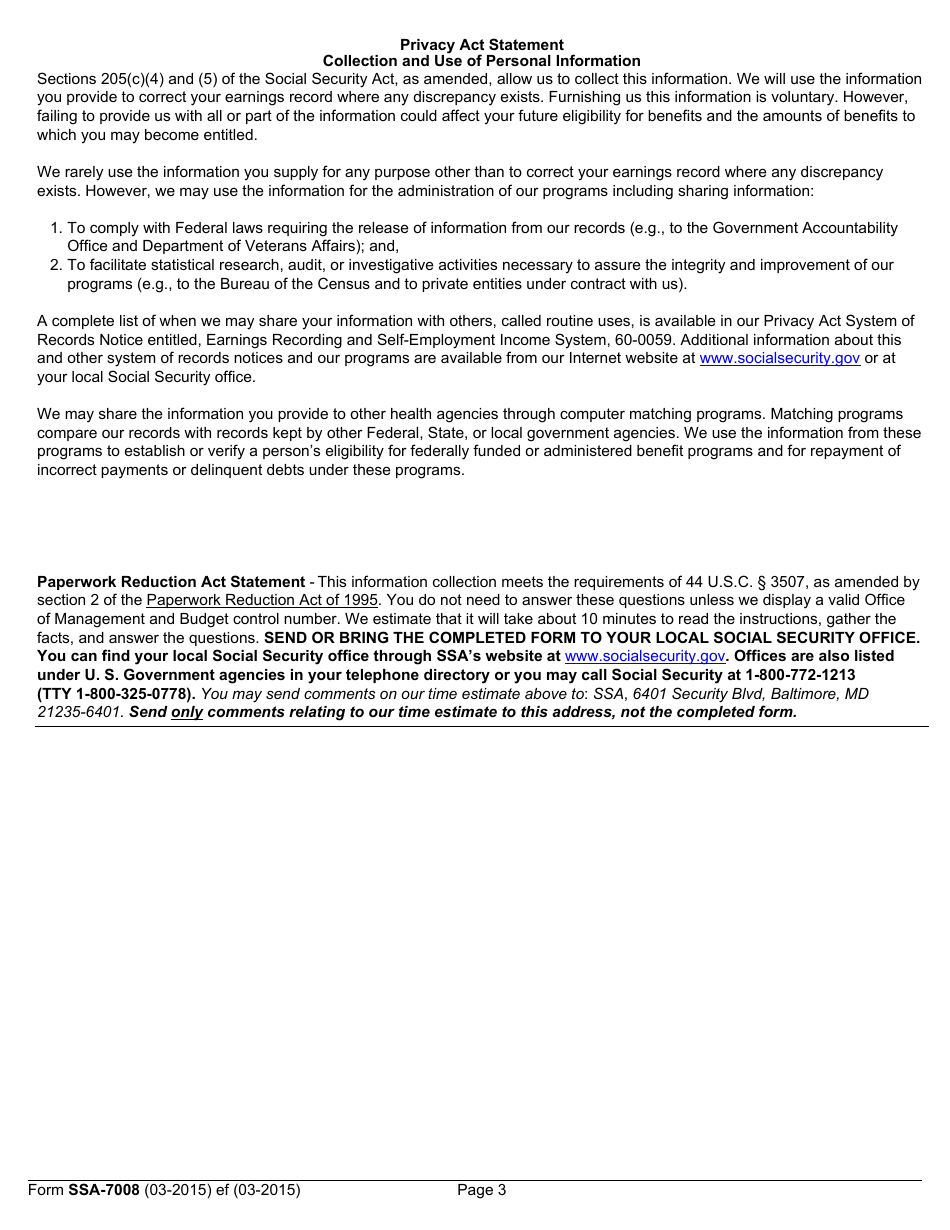 Form SSA-7008 Request for Correction of Earnings Record, Page 3