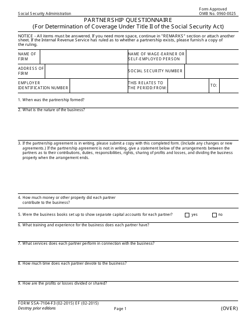 Form SSA-7104-F3 Partnership Questionnaire