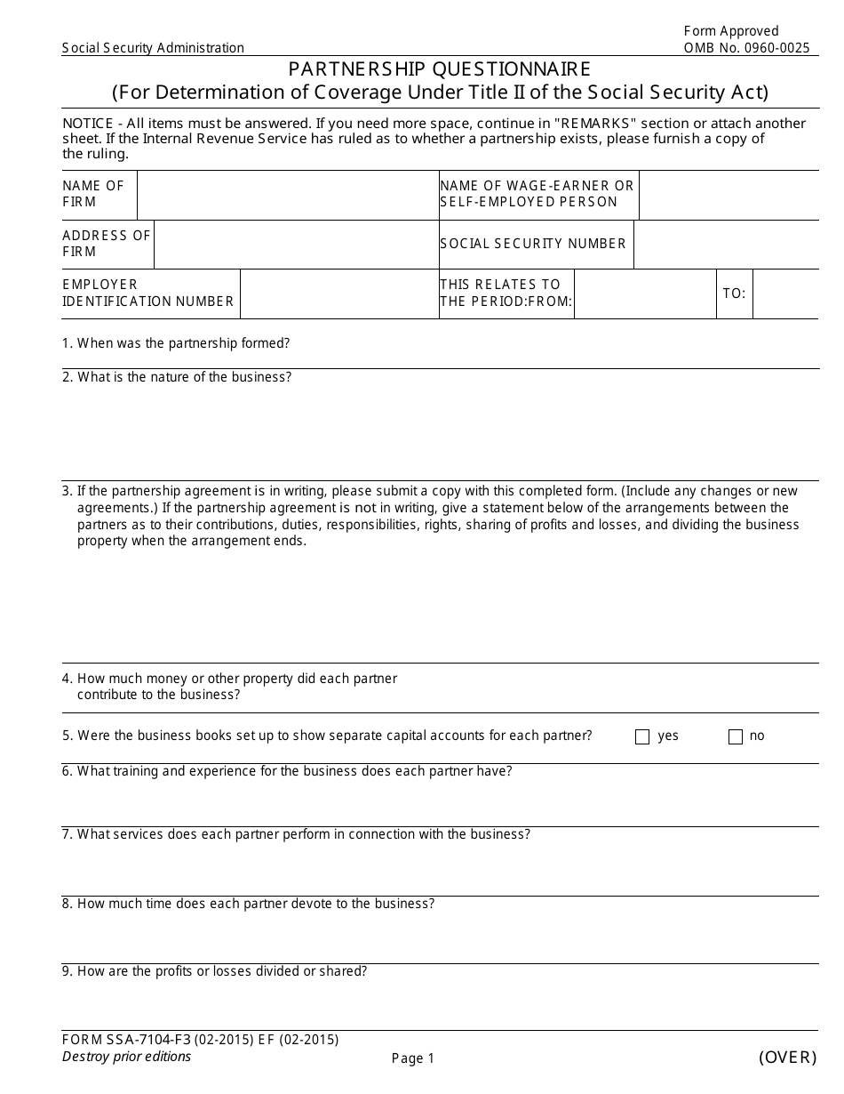 Form SSA-7104-F3 Partnership Questionnaire, Page 1