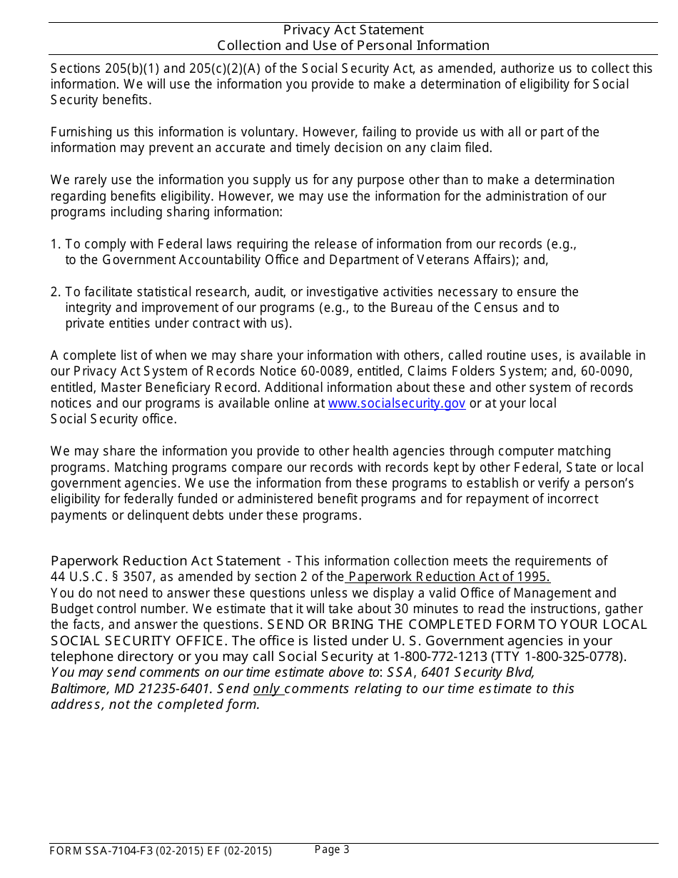 Form SSA-7104-F3 Partnership Questionnaire, Page 3